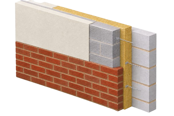 Cutaway of a cavity wall with facing brick below, rendered block above, insulation and thermal-block inner leaf