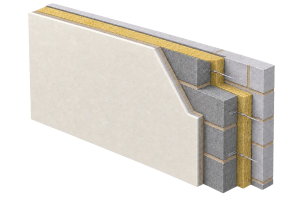Cutaway of a rendered block cavity wall with insulation and thermal-block inner leaf